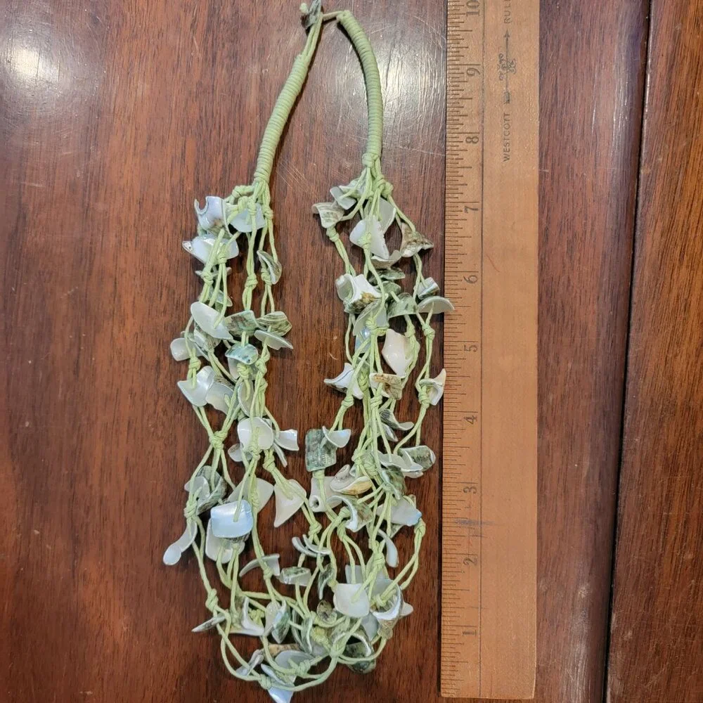 Green Shell & Cotton Multistrand Boho Necklace - Picture 10 of 11